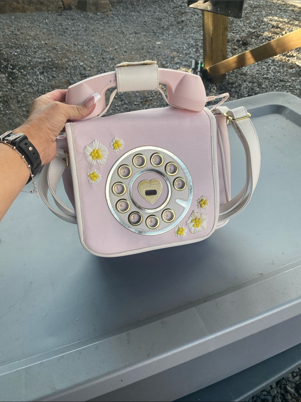Betsey Johnson Pink Retro Telephone Crossbody Bag with Yellow Floral Accents